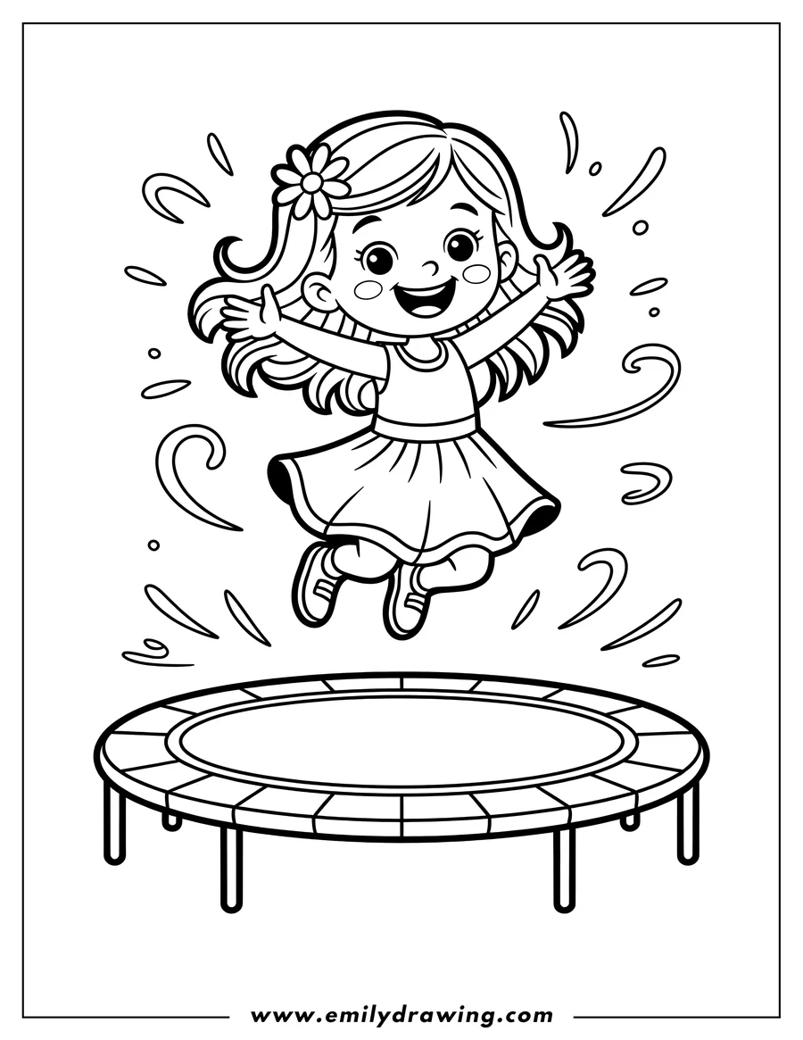 Outline of a cheerful girl jumping on a trampoline, her hair flowing as she bounces with a big smile.