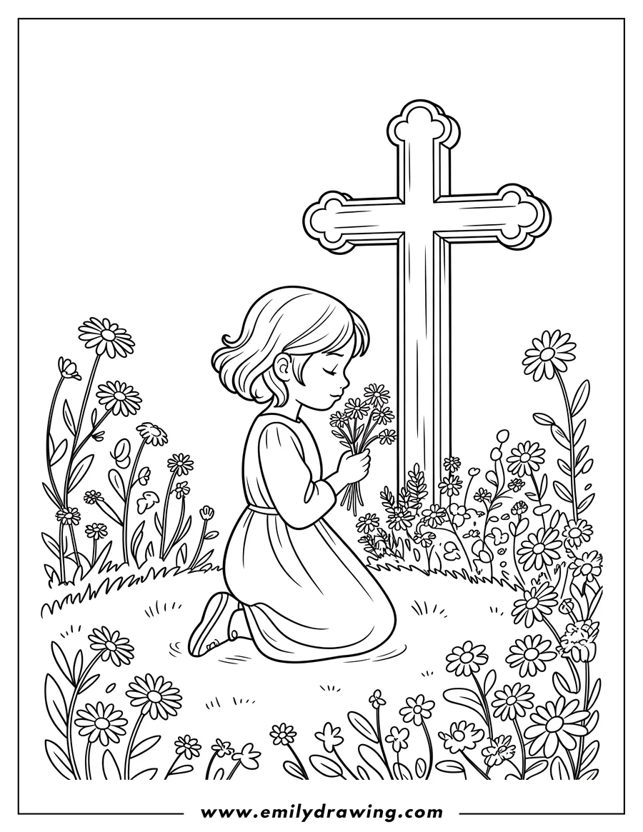 Outline of a girl kneeling by a large cross, holding a bouquet of flowers in a grassy field.