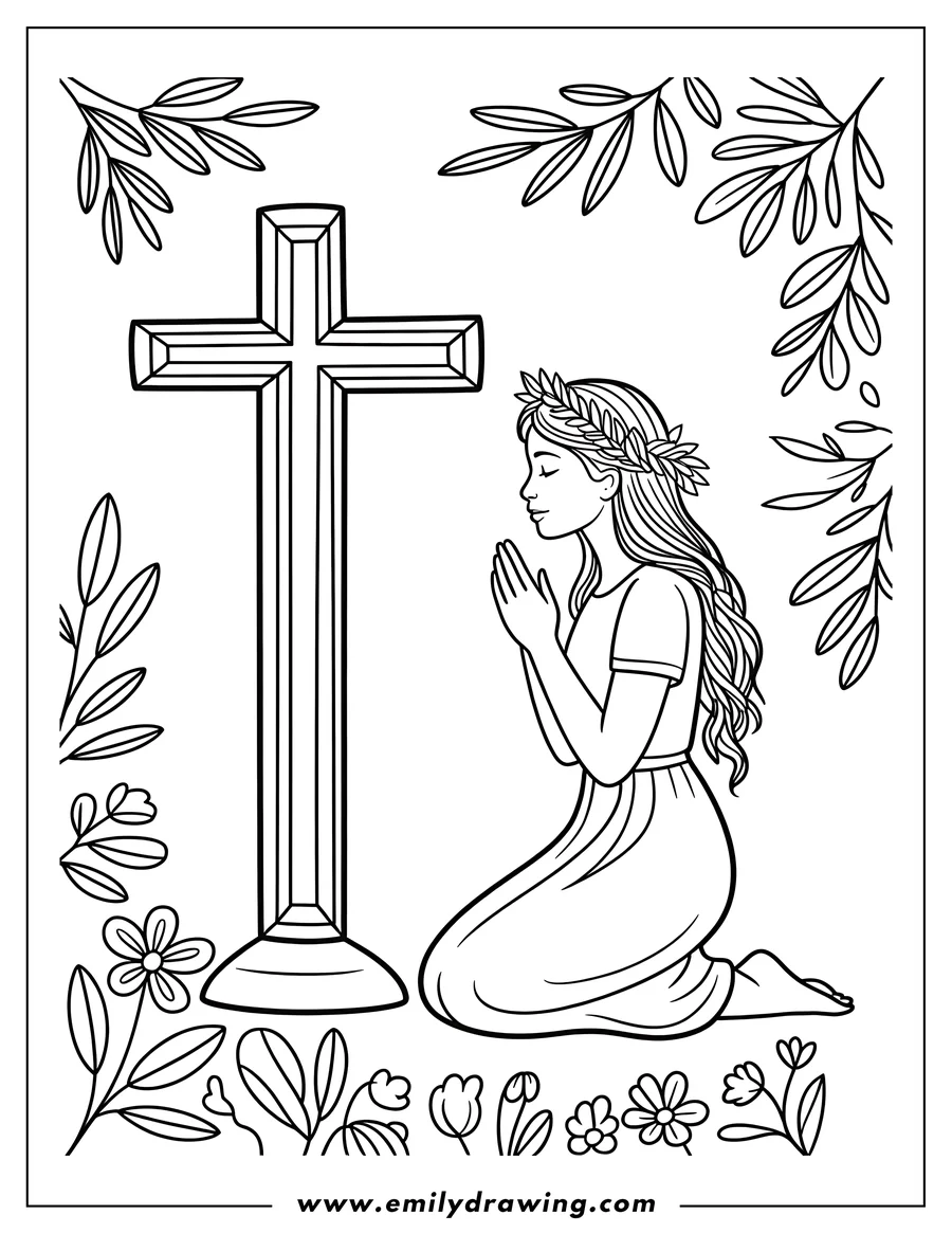 Outline of a girl kneeling in prayer beside a dimensional cross. The girl wears a leaf wreath, and the religious scene is bordered by olive branches and small flowers.