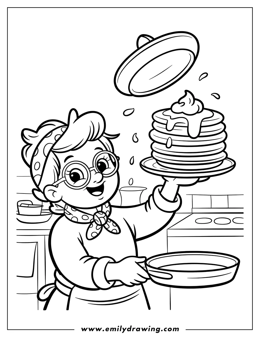 Line art of a girl making pancakes. She holds a plate of pancakes and a frying pan in a kitchen setting.