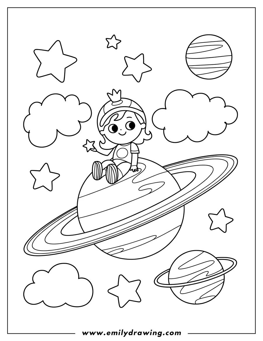 Outline of a girl wearing a space helmet and holding a star wand, sitting on a ringed planet like Saturn.  Stars and other planets are in the background.