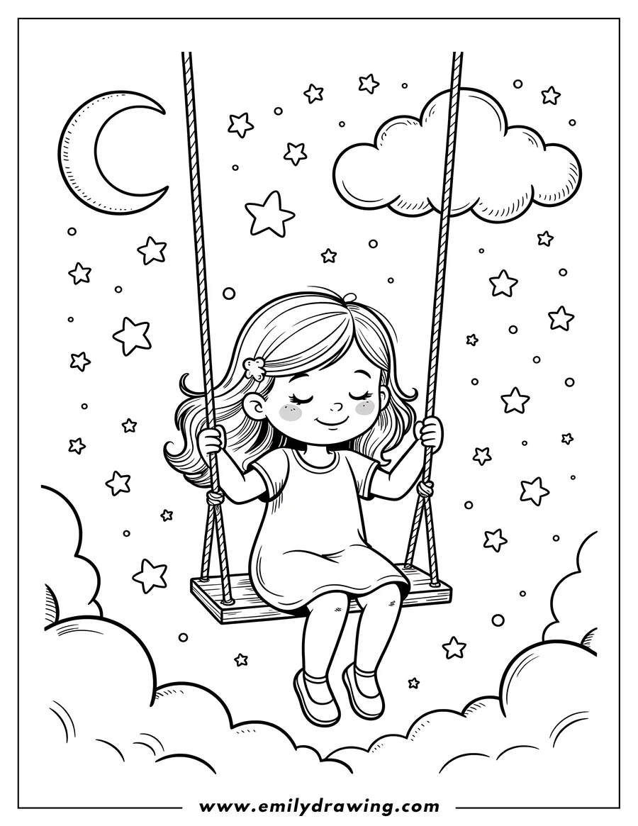 Outline of a young girl swinging peacefully amongst stars and clouds. A crescent moon is visible in the background.