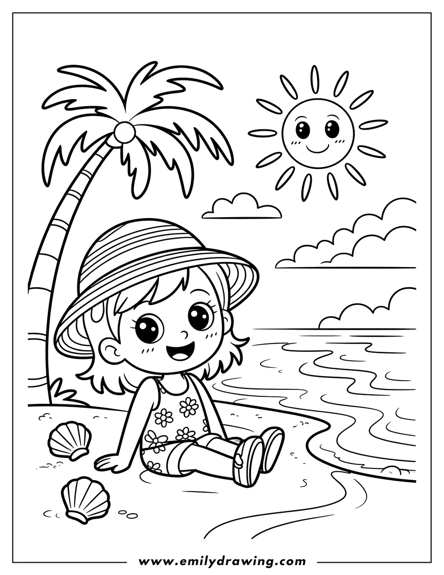Outline of a girl sitting on the beach, wearing a sunhat and sandals, with seashells beside her. A palm tree and smiling sun are in the background.