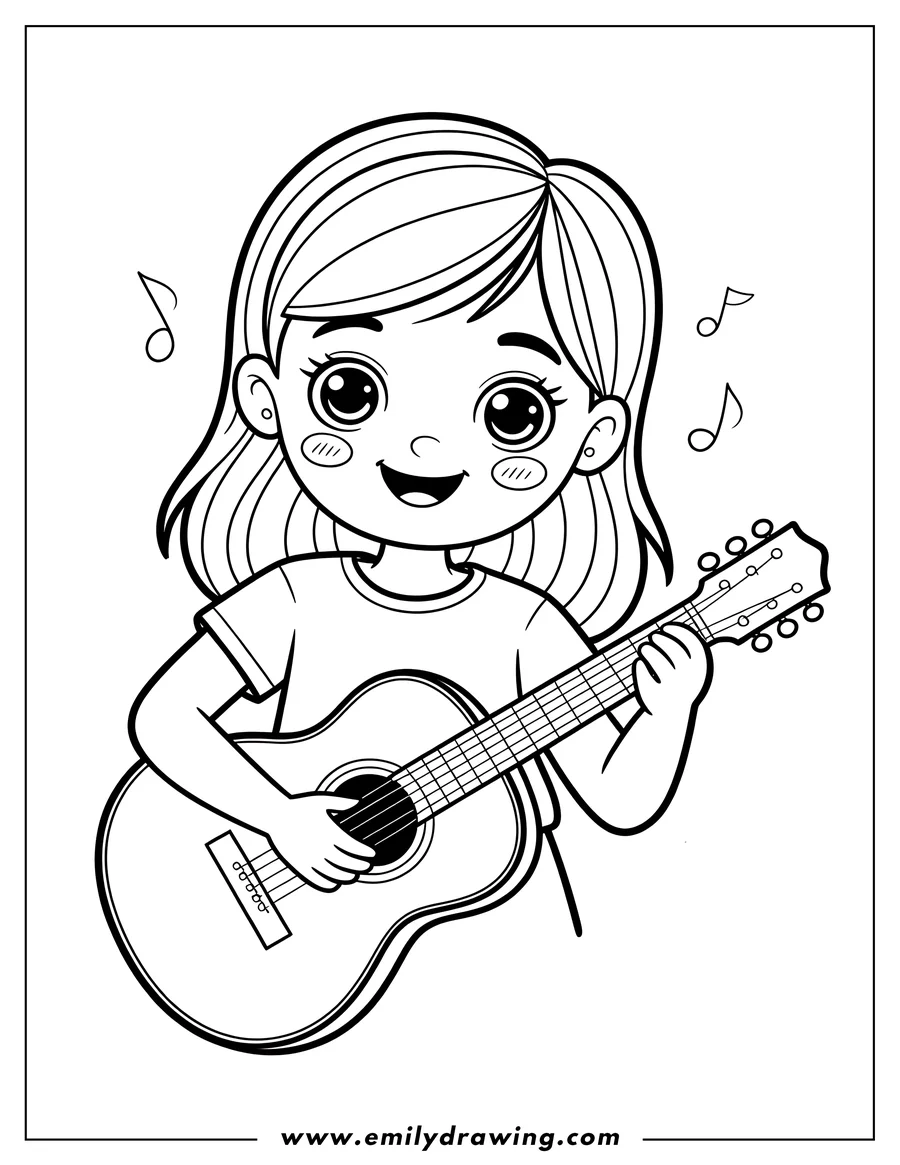 Line art of a girl playing an acoustic guitar, with music notes floating around her.