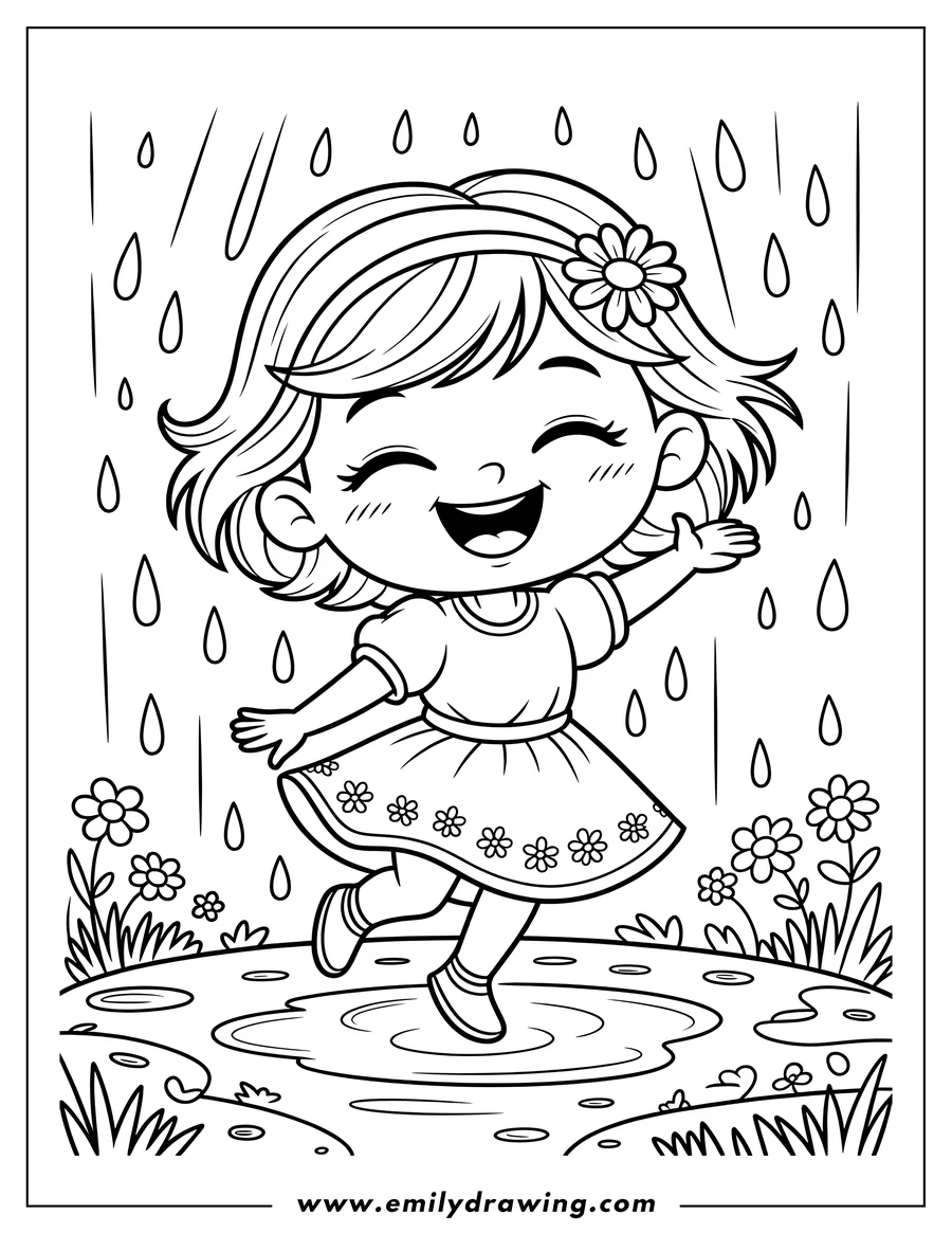 Line art of a cheerful girl with a flower in her hair, gleefully jumping in rain puddles.