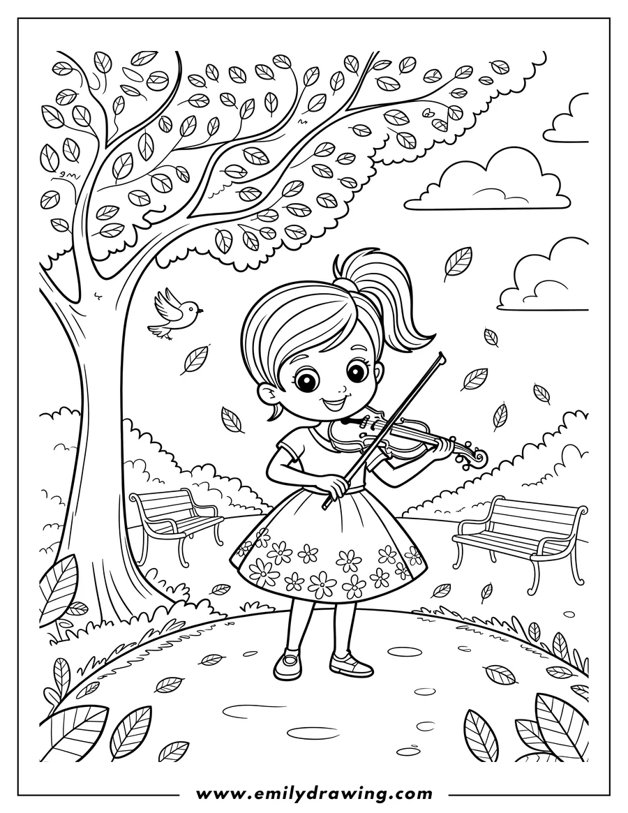 Line art of a girl playing the violin in a park, with falling leaves and a small bird nearby.