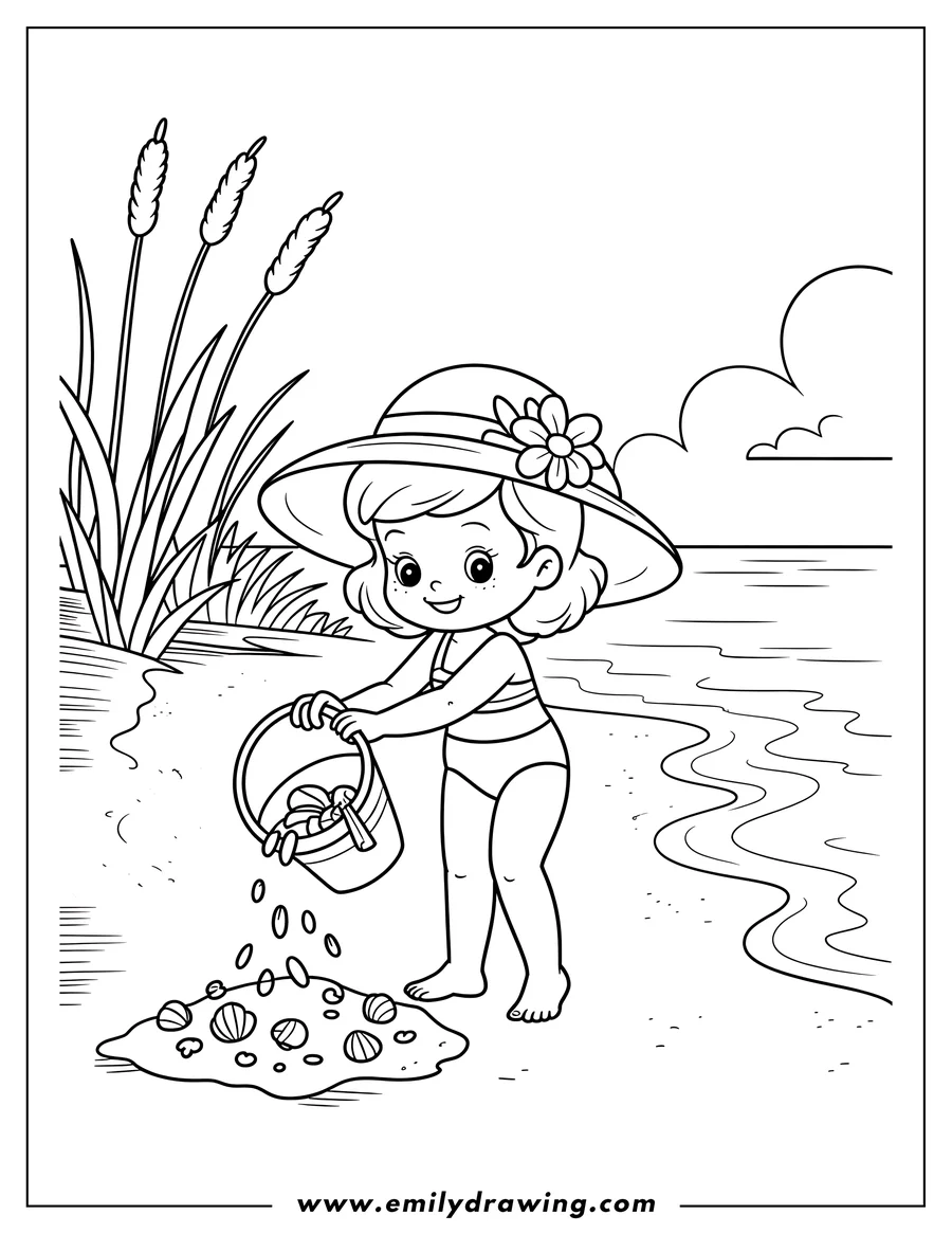 Line art of a girl wearing a sunhat and swimsuit, pouring seashells from a bucket onto the beach near the water's edge.