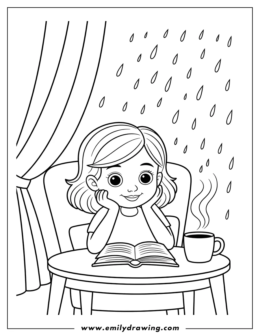Line art of a girl reading a book at a table with a warm drink beside her, while rain falls outside a nearby window.