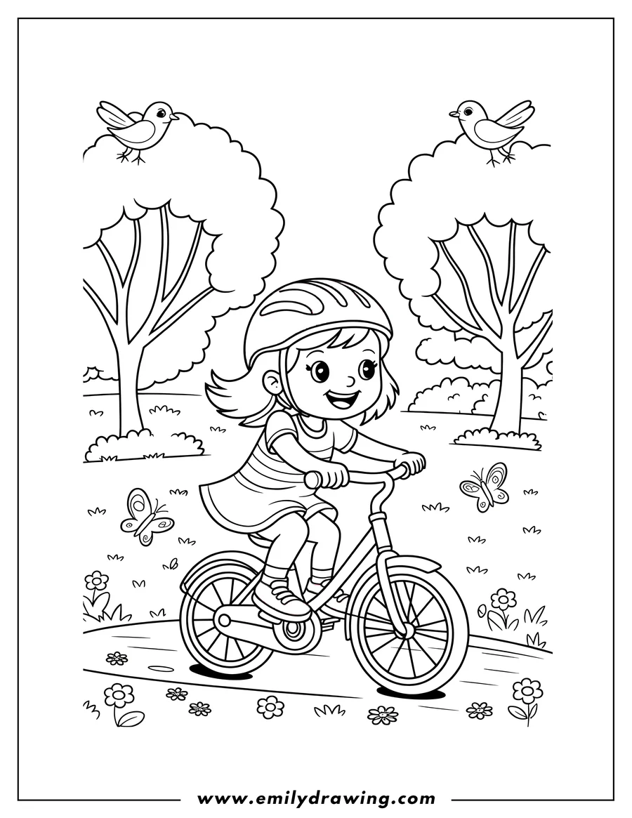 Line art of a girl riding a bicycle with a basket of flowers. Birds fly overhead and flowers grow along the path.