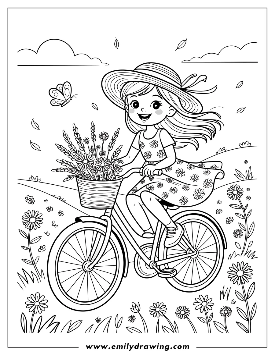 Outline of a girl riding a bicycle with a basket of flowers. A butterfly flits nearby, and flowers dot the landscape.