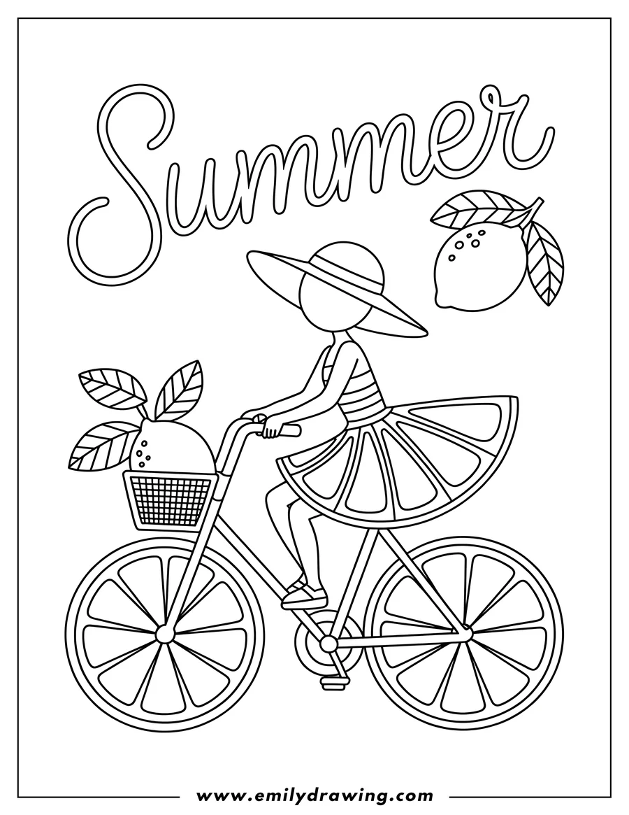Outline of a girl riding a bicycle decorated with lemons.  She's wearing a lemon slice skirt and a wide-brimmed hat.  A whole lemon sits in the bicycle basket.