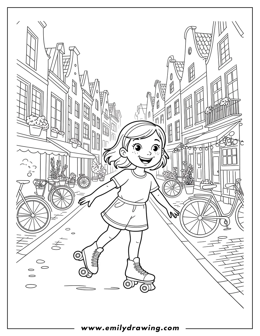 Outline of a smiling girl with freckles roller skating down a city street lined with buildings and bicycles.