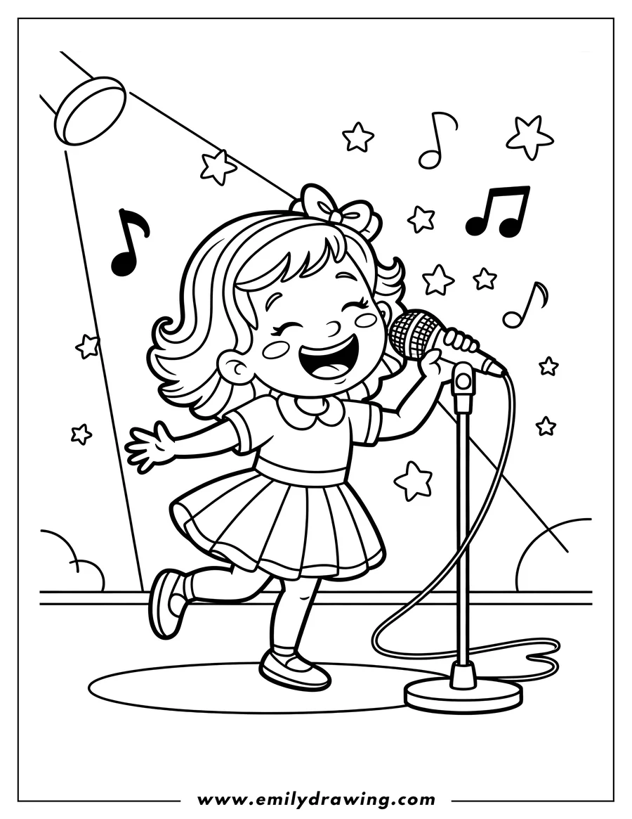 Outline of a girl singing into a microphone on stage, with musical notes and stars around her.
