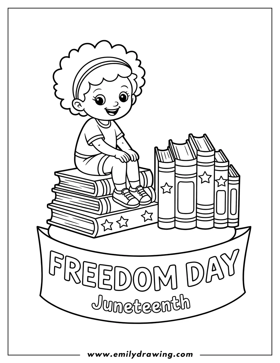 Line art of a girl sitting on a stack of books with a 'Freedom Day, Juneteenth' banner below.