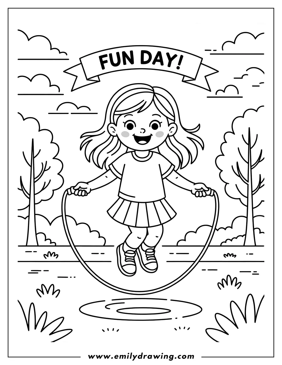 Line art of a girl skipping rope outdoors with trees in the background. 