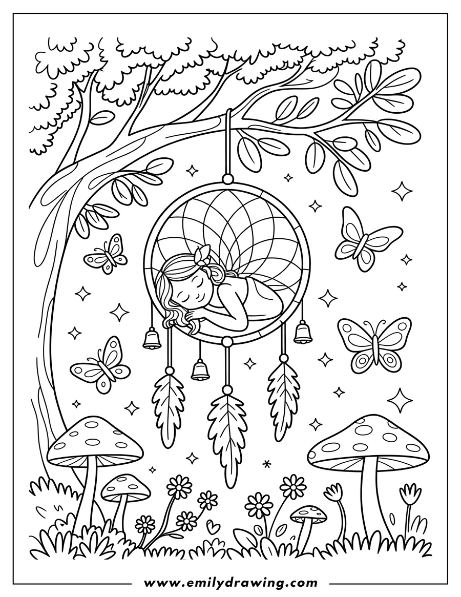 Line art of a girl sleeping peacefully in a dream catcher hanging from a tree branch. Butterflies flutter around the dream catcher, and mushrooms and flowers grow beneath it.