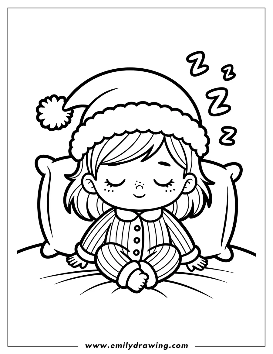 Outline of a girl sleeping peacefully in bed, wearing pajamas and a Christmas hat.