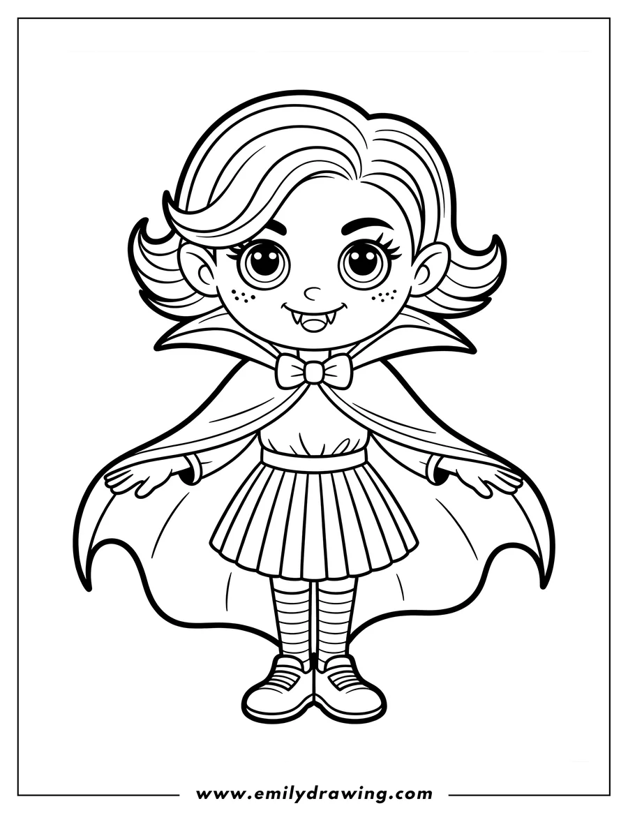 Line art of a young girl dressed as a vampire, complete with a cape, fangs, and a pleated skirt.
