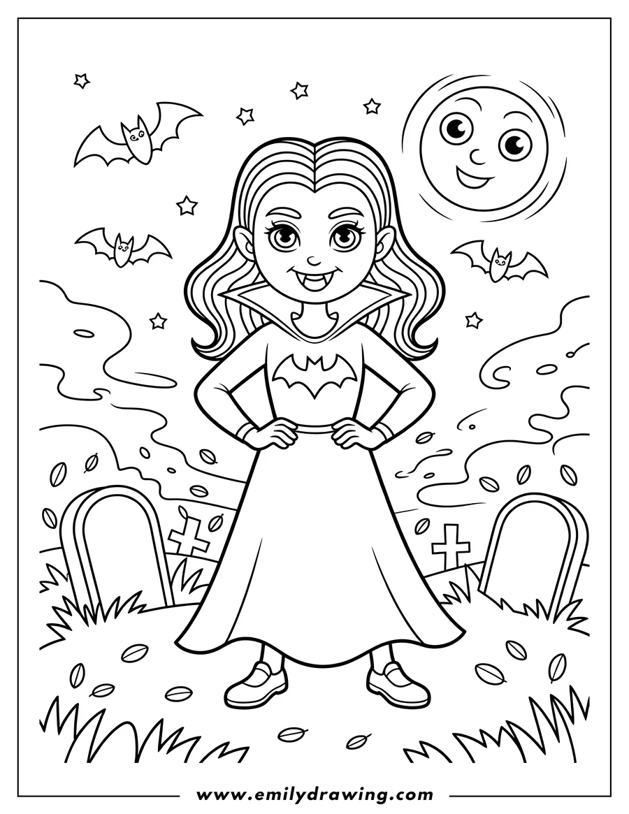 Line art of a girl dressed as a vampire standing in a graveyard at night with bats and a smiling moon overhead.