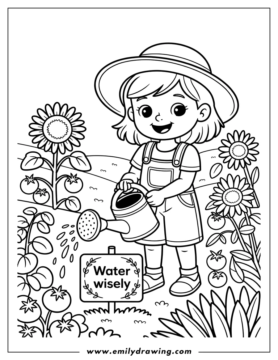 Line art of a young girl wearing overalls and a sun hat, watering plants in a garden with a watering can. There's a sign that says 'Water Wisely'.