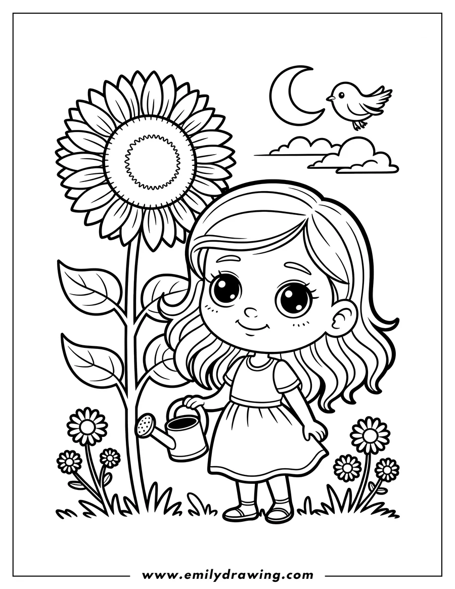 Outline of a young girl wearing a sunhat, watering a large sunflower in a pot. Gardening tools are beside her in the grass.