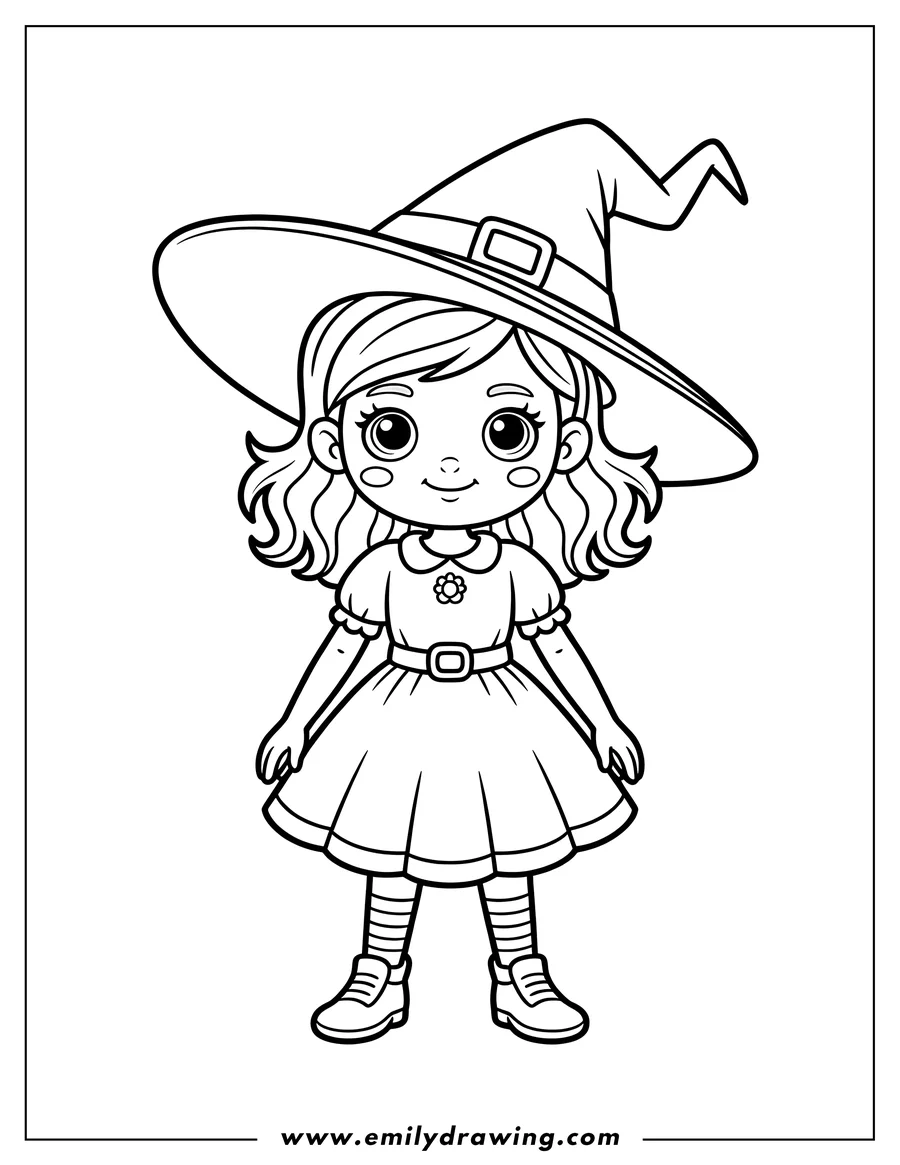 Line art of a girl wearing a witch hat and a dress.