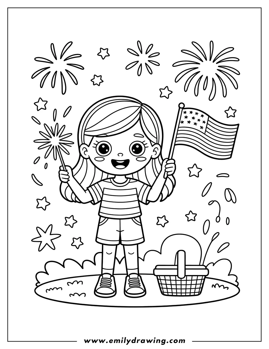 Line art of a girl holding a sparkler and an American flag, with fireworks in the background and a picnic basket at her feet.