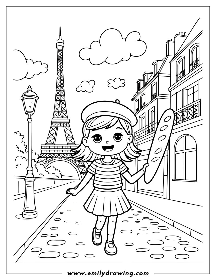 Line art of a girl wearing a beret and holding a baguette, walking on a Parisian street near the Eiffel Tower.