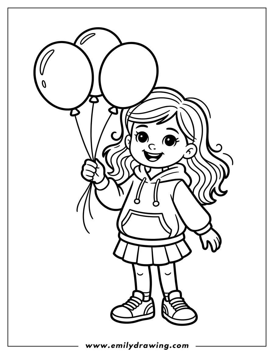 Outline of a girl holding three balloons. She's wearing a hoodie and a pleated skirt.