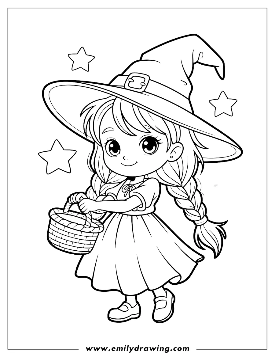 Line art of a young girl wearing a witch's hat and holding a basket, likely for trick-or-treating.