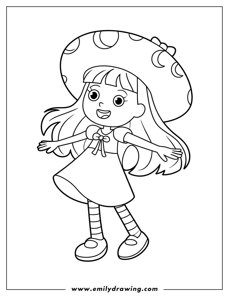 Outline of a girl wearing a large, mushroom-shaped hat and a dress. Her arms are outstretched, and she appears cheerful.