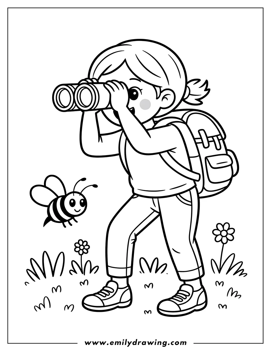 Line art of a girl with binoculars and a backpack, exploring nature with a bee and flowers nearby.