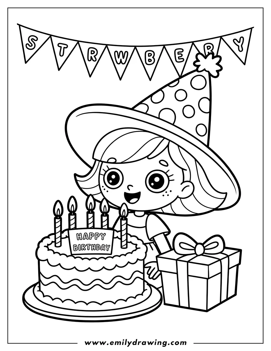 Line art of a girl wearing a party hat, standing next to a birthday cake with candles and holding a wrapped present. A
