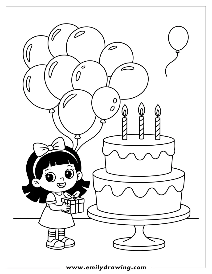 Line art of a girl holding a present next to a two-tiered birthday cake with three lit candles and balloons.