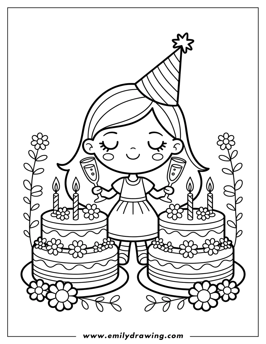 Line art of a girl wearing a party hat and holding two glasses, standing between two birthday cakes decorated with flowers and candles.