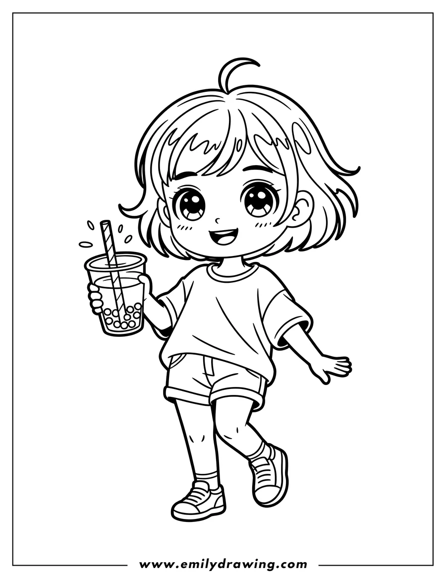 Outline of a cheerful girl holding a boba drink with a straw and tapioca pearls.