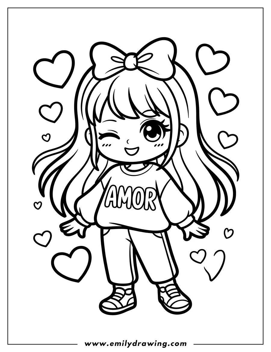 Line art of a girl wearing a sweatshirt that says AMOR, a bow in her hair, and surrounded by hearts.