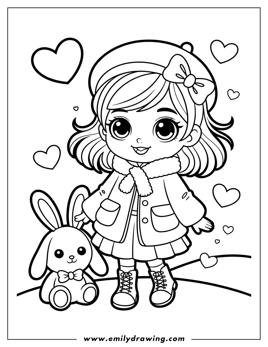 Line art of a girl wearing a beret and coat, standing next to a plush bunny toy with a bow.