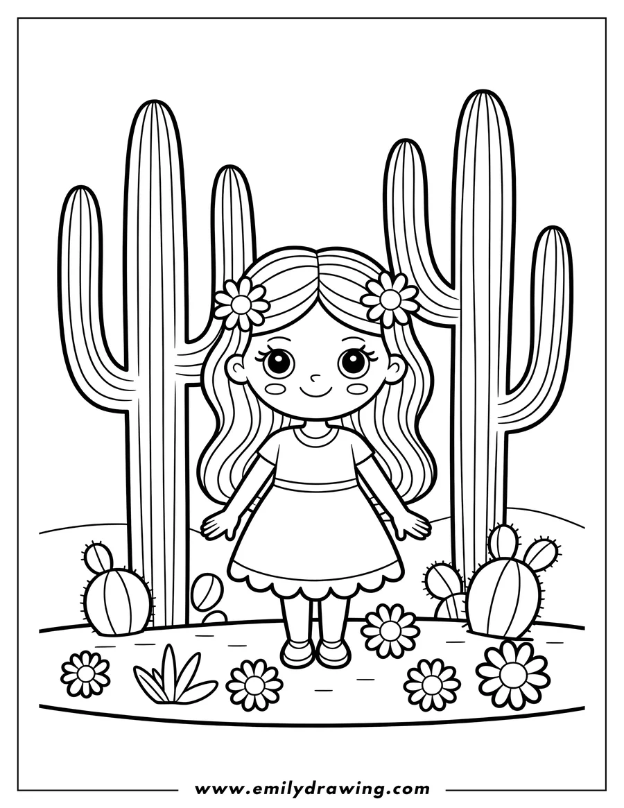 Line art of a girl standing in a desert landscape with various cacti and flowers. She has flowers in her hair and is wearing a dress.