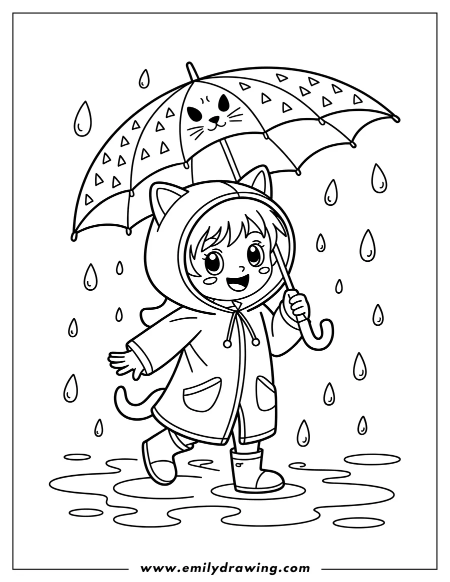 Line art of a smiling girl wearing a raincoat and boots, holding a cat-faced umbrella in the rain. Puddles are forming on the ground around her.