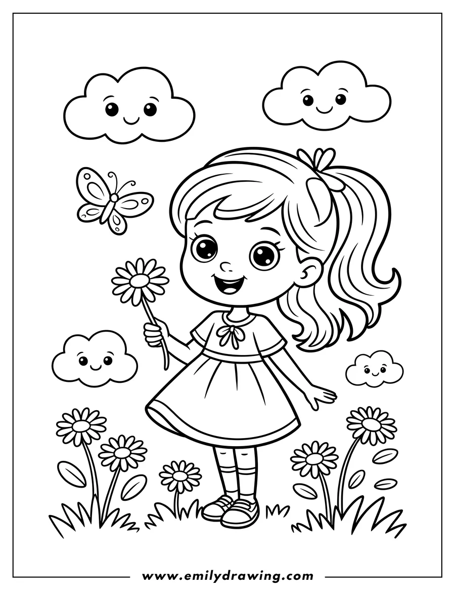 Line art of a girl holding a daisy with a butterfly flying near her, surrounded by daisies and smiling clouds.