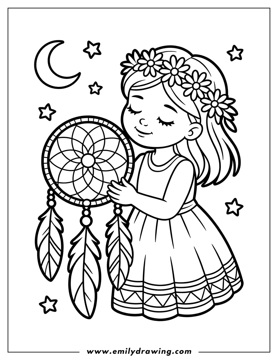 Line art of a girl holding a dreamcatcher, with stars and a crescent moon in the background.