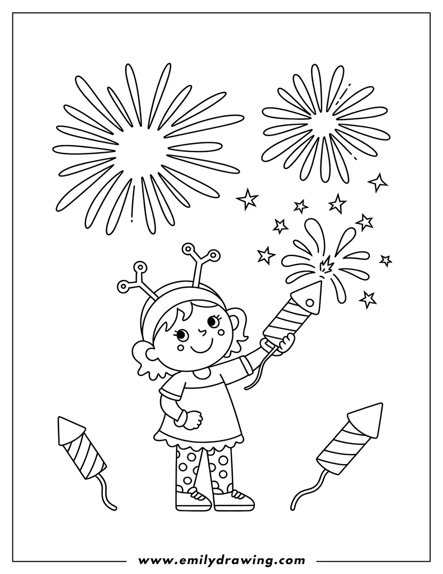 Line art of a girl holding a firework rocket, with additional fireworks and stars in the background.