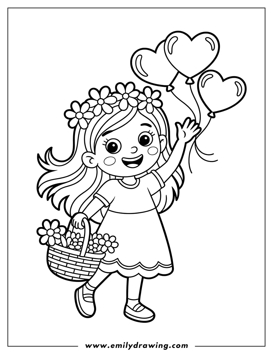 Outline of a girl wearing a flower crown, holding heart-shaped balloons and a basket of flowers. She appears to be walking and waving.