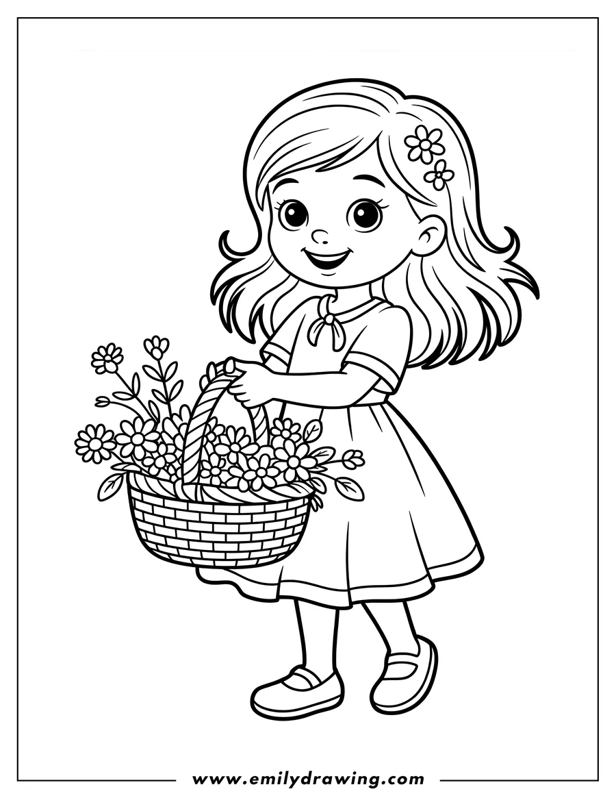 Line art of a young girl holding a basket overflowing with various flowers. She's wearing a simple dress and shoes and has flowers in her hair.