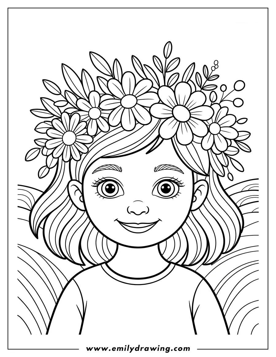 Outline of a girl wearing a crown of flowers. She has short hair and a simple shirt.