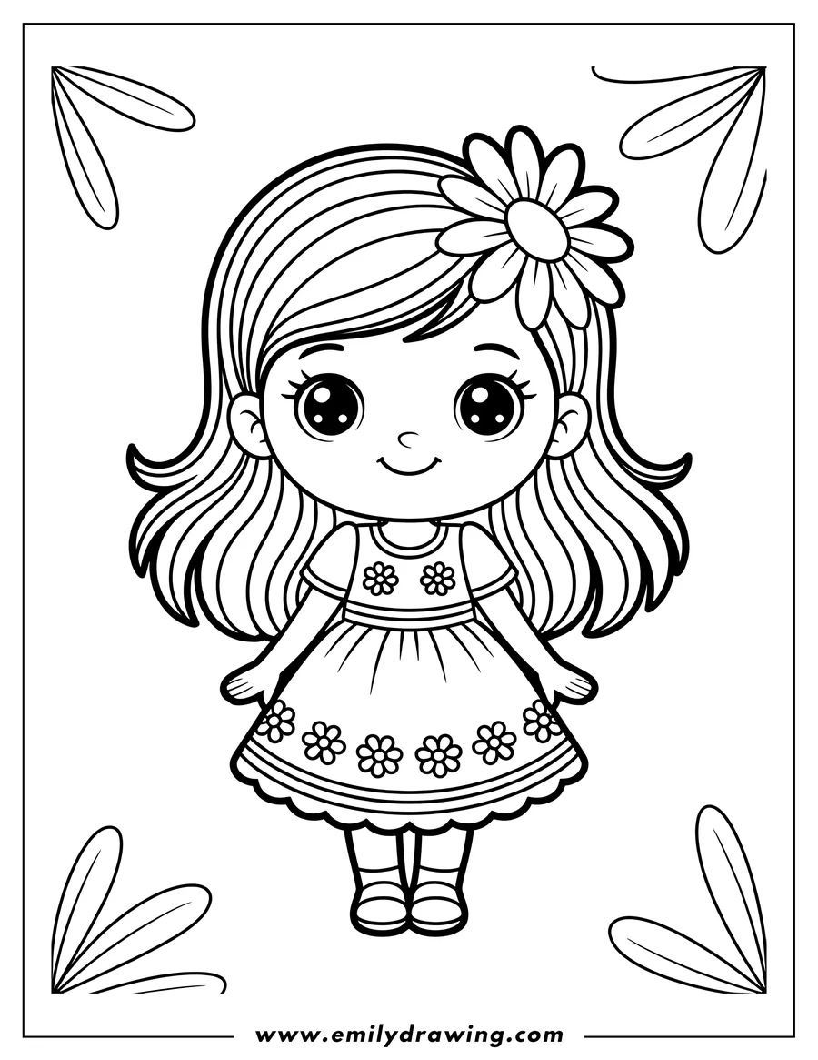 Outline of a young girl with a flower in her hair. She's wearing a dress decorated with flowers.