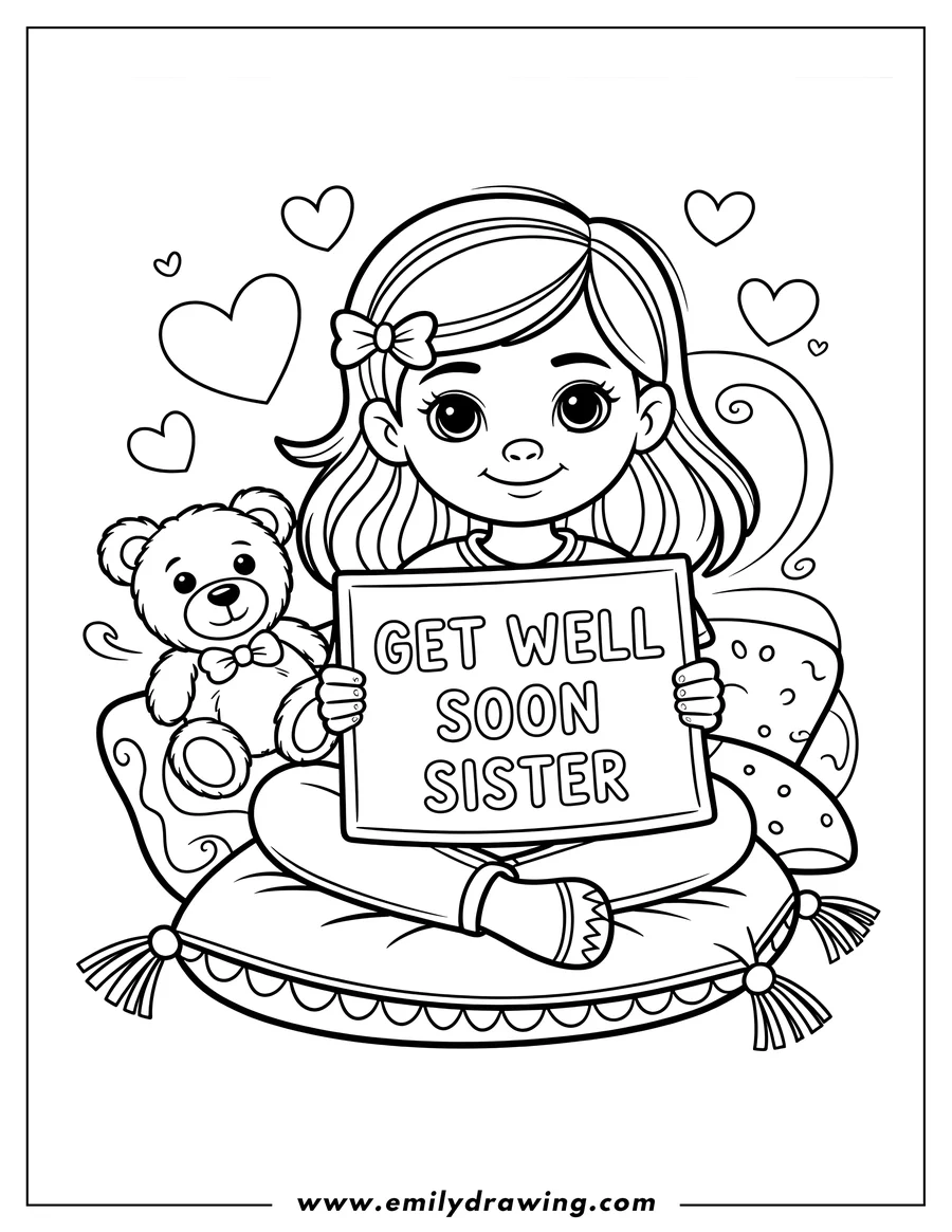 Line art of a girl sitting on a pillow with her teddy bear, holding a 