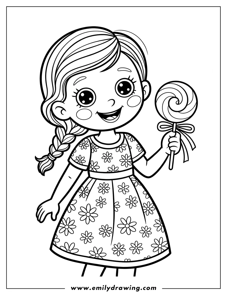 Line art of a young girl holding a large swirly lollipop. She wears a dress with a floral pattern and has a braided hairstyle.