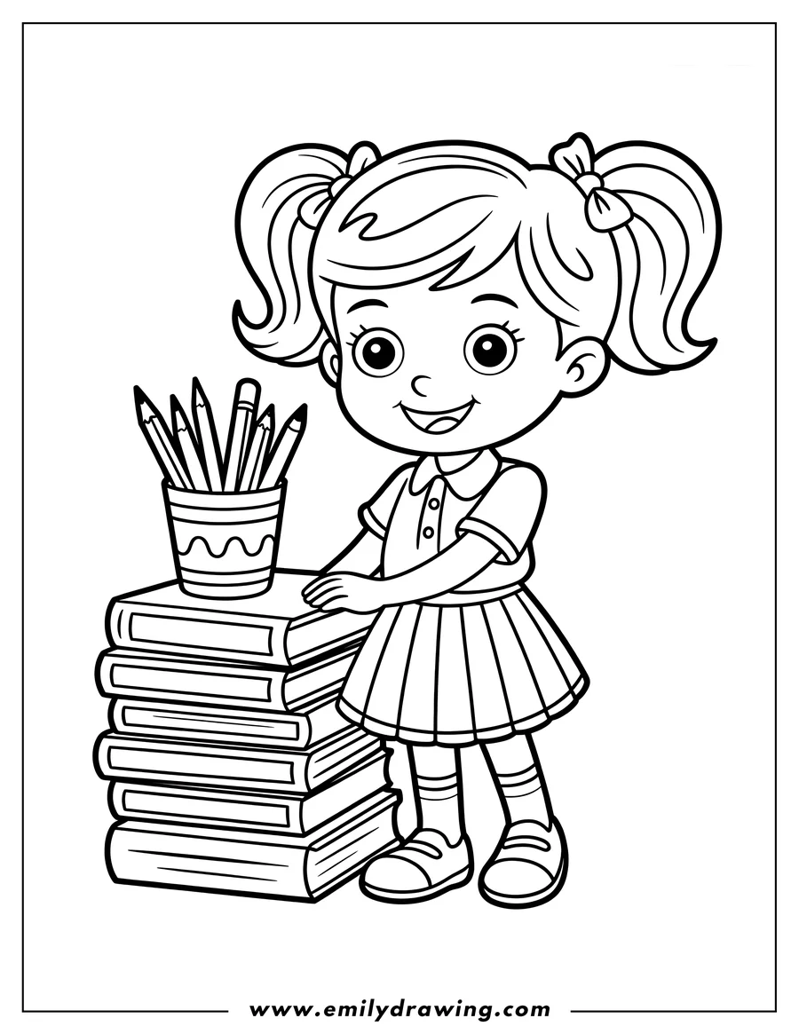 Line art of a girl in a school uniform standing next to a stack of books and a pencil holder.